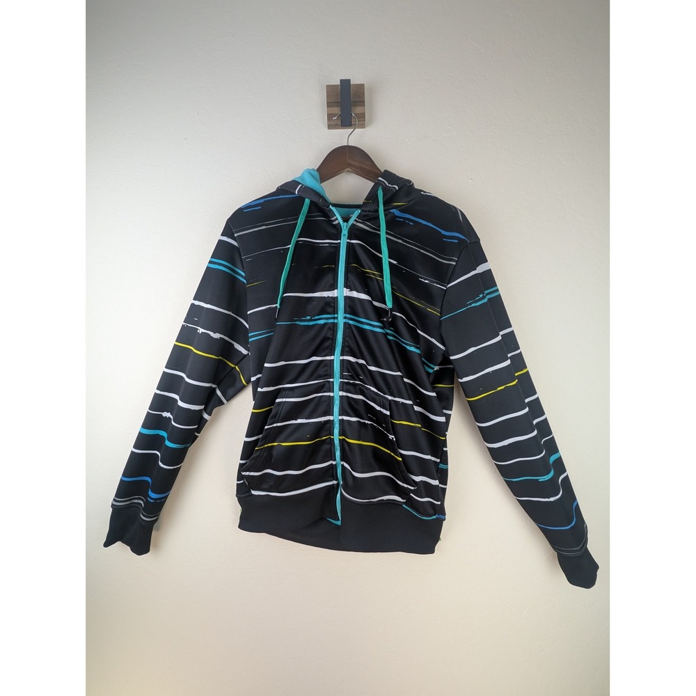 Digital Revolution Mens Full Zip Hoodie Black Striped Fleece Lined DJ3191 Size M